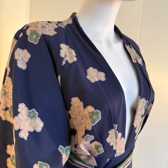 eShakti Wayward Fancies Floral kimono jumpsuit pockets navy green cream deep v - Picture 6 of 12